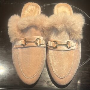 Tan Suede Mules with Fur Lining and Gold Hardware